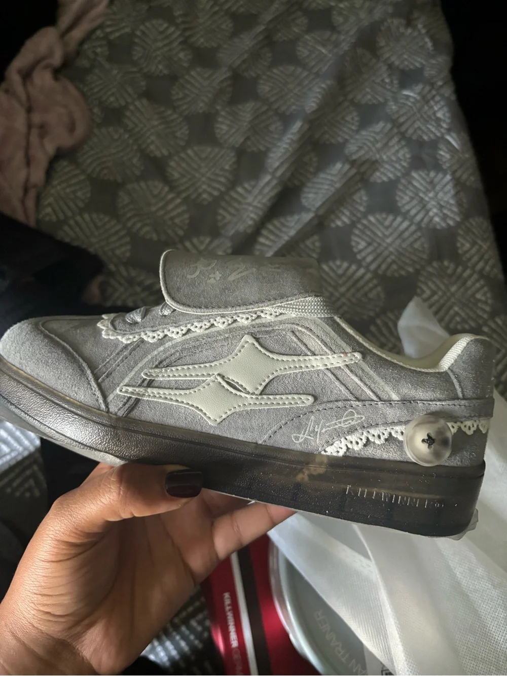 Women’s Casual Lace-Trim Gray Suede Sneakers